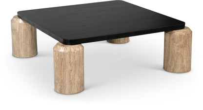 Meridian Furniture 99009Travertine-CT Ferrara Collection Art Deco Coffee Table with Genuine Travertine Legs, Black Finished Solid Oak Wood Top, 42" W x 42" D x 14" H, Natural