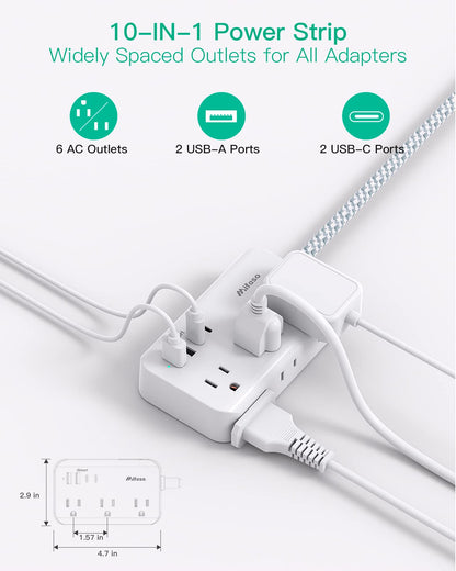 Power Strip Extension Cord - 6 Outlets and 4 USB (2 USB C), 5Ft Braided Cord with Ultra Thin Flat Plug, Wall Mount, Overload Protection, Compact for Travel, Cruise Ship, and Dorm Room Essentials