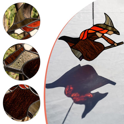 LITEPEDIA Witch On Broomstick Decor Stained Glass Window Hangings,Witch Stained Glass Suncatcher for Window,Halloween Decoration, for Party