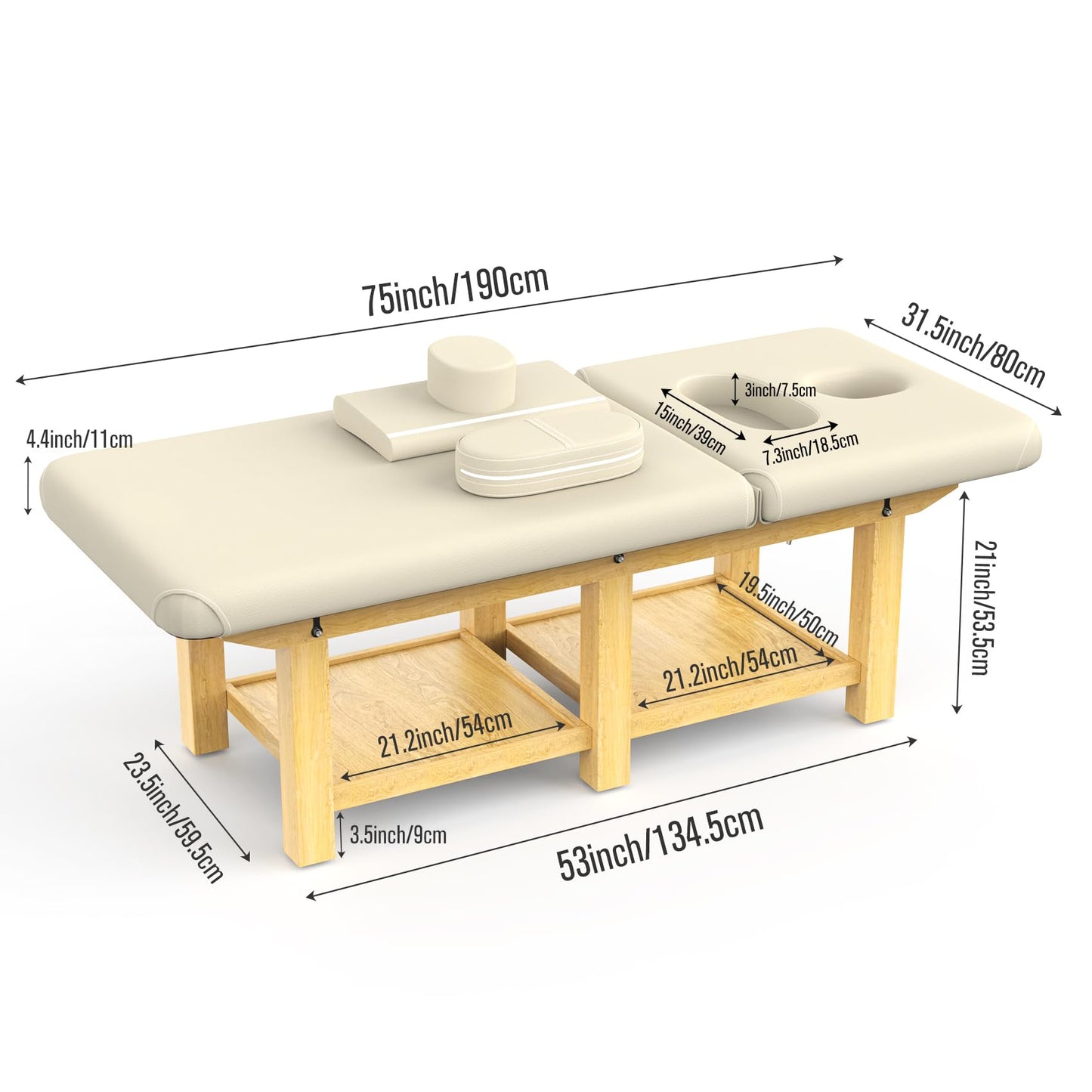 Wood Wide Stationary Massage Table for Treatment Table Physical Therapy Table Spa Facial Bed, PU Leather 31.5'' Wide 75'' Long Heavy Duty Professional Stationary Massage Bed - Beige Gray, 6-Legged