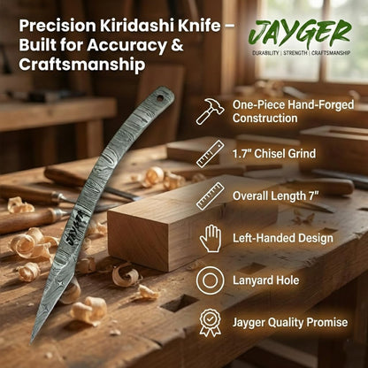 Jayger Handmade Kiridashi Knife – Precision Japanese Left Hand Marking Tool – Damascus Steel Curved Blade – Compact Carving & Craft Knife for Woodworking, Leatherwork, DIY & Artisan Use