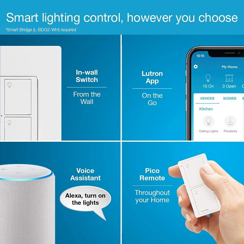 Lutron Caseta Smart Switch 3-Way Kit, with Pico Remote, Wallplate, Wall Bracket for LED Lights and Fans, 5 Amp, Neutral Required, P-PKG1WS-WH