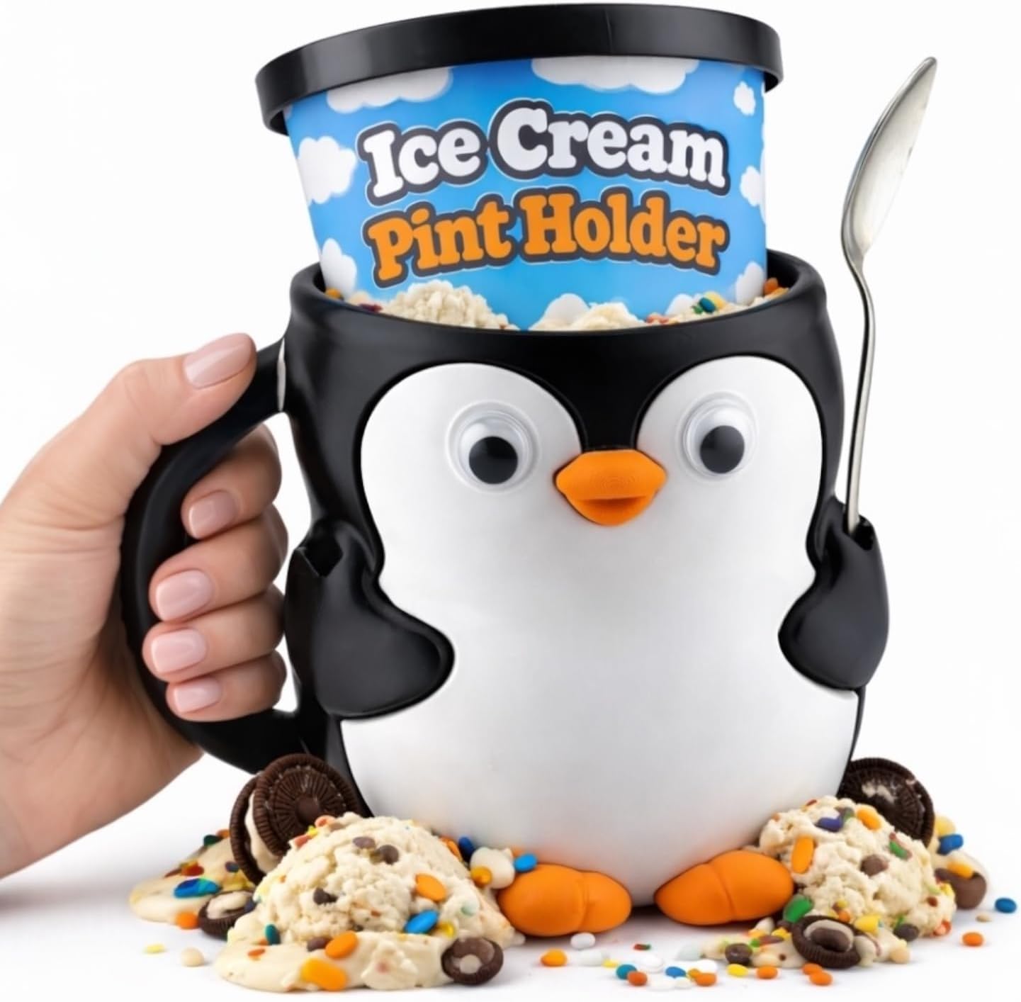Delta Loom 16 oz Penguin Ice Cream Pint Holder - Fits Standard Pints - Compatible with Ramen Noodles - Dual Spoon Slots