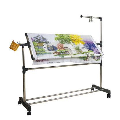 Embroidery Stand with Wheels, Needlework Floor Frame, Height Adjustable Standing Embroidery Lap Table, Stainless Steel Cross Stitch Craft Stand for Art Craft Sewing Holder