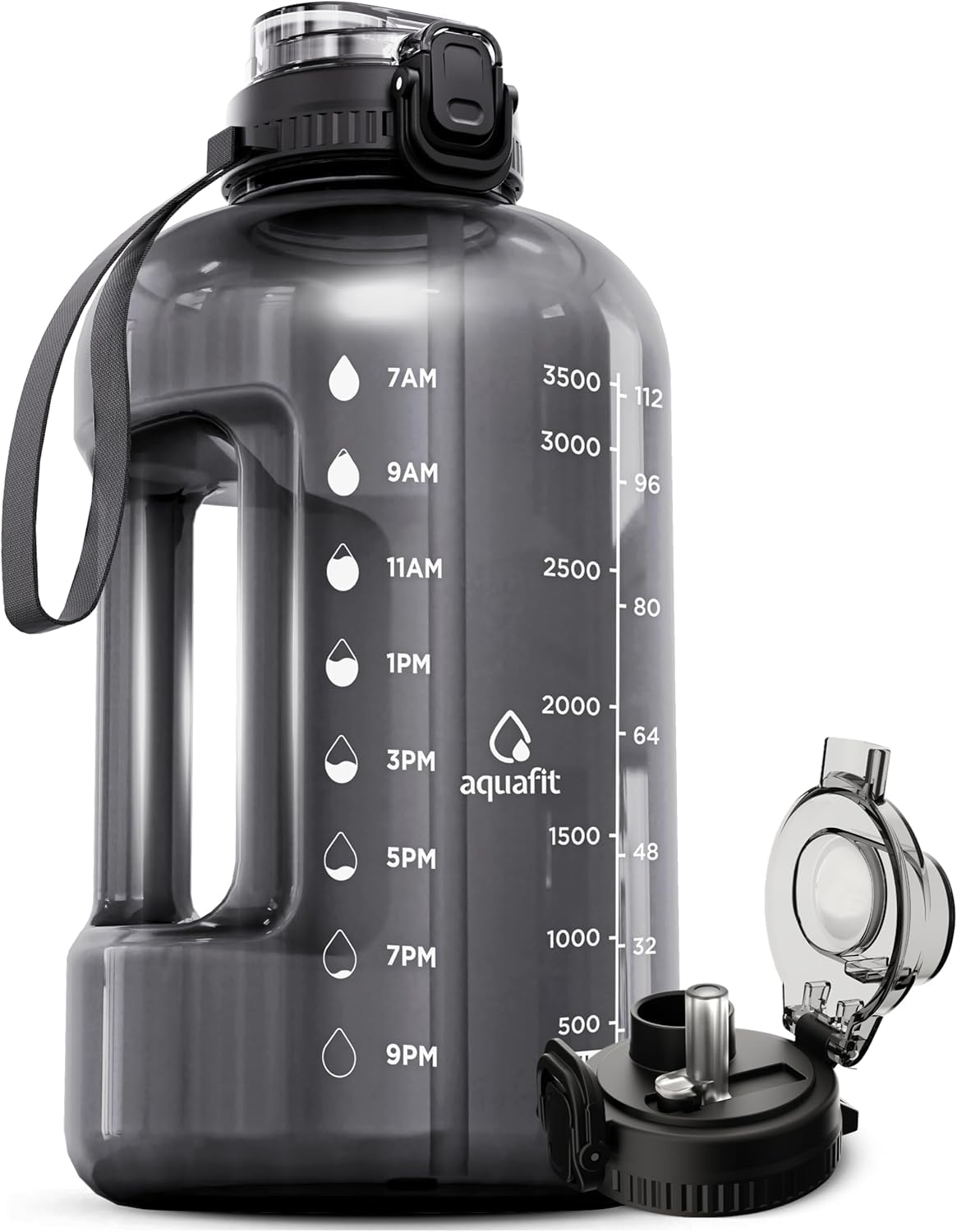AQUAFIT 1 Gallon Water Bottle with Time Marker - Straw & Chug Lid - BPA Free Gym Water Bottle with Straw - Big Gallon Jug (Gray, 128 oz - 2in1 Lid)