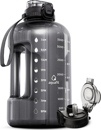 AQUAFIT 1 Gallon Water Bottle with Time Marker - Straw & Chug Lid - BPA Free Gym Water Bottle with Straw - Big Gallon Jug (Gray, 128 oz - 2in1 Lid)