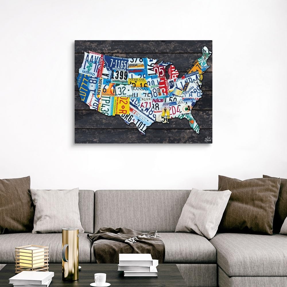 CANVAS ON DEMAND Usa License Plate Map Canvas Wall Art Print by Brittney Hallowell, Contemporary, Home Decor, America, United States Artwork,48" x36in