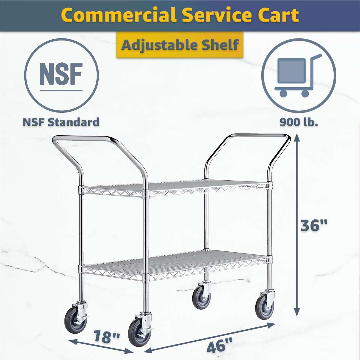 18" x 46" x 36" Commercial Chrome Utility Cart - NSF Heavy-Duty 2-Shelf Rolling Cart with Handles, 900 lb, Service and Supply Cart with Casters for Restaurant, Catering, Kitchen Use