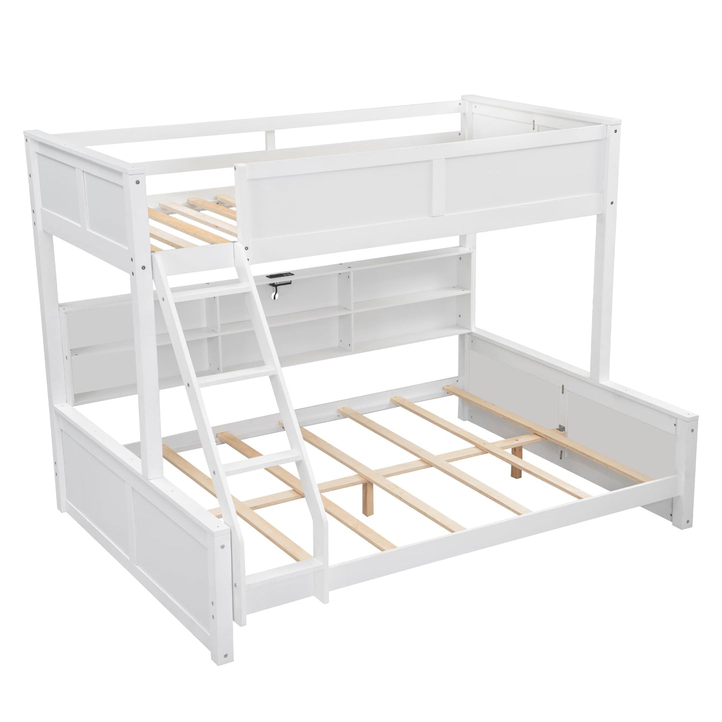 DNYN Twin XL Over Queen Bunk Bed with Storage for Kids/Adults,Solid Wood Bedframe w/Cabinets & USB Ports Design,Perfect for Bedroom, Guest Room, White