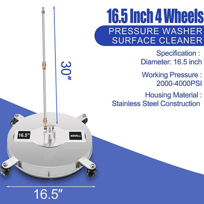 TRELVEX 16.5in Pressure Washer Surface Cleaner, 2 in 1 Stainless Steel Power Washer Attachment with 4 Wheels, 2 ExWands, 1/4" Quick Connector, Undercarriage Cleaner for Sidewalks, 4000 PSI