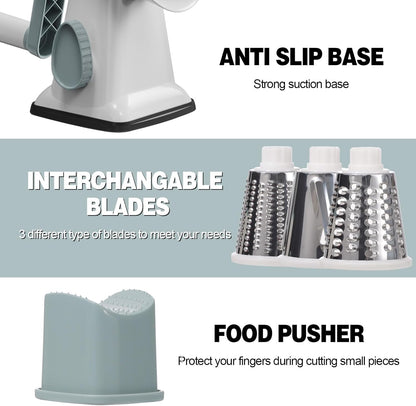 GORCI 3 Cheese Grater Cheese Shredder with Interchangeable Blades, Rotary Cheese Grater Manual Vegetable Slicer