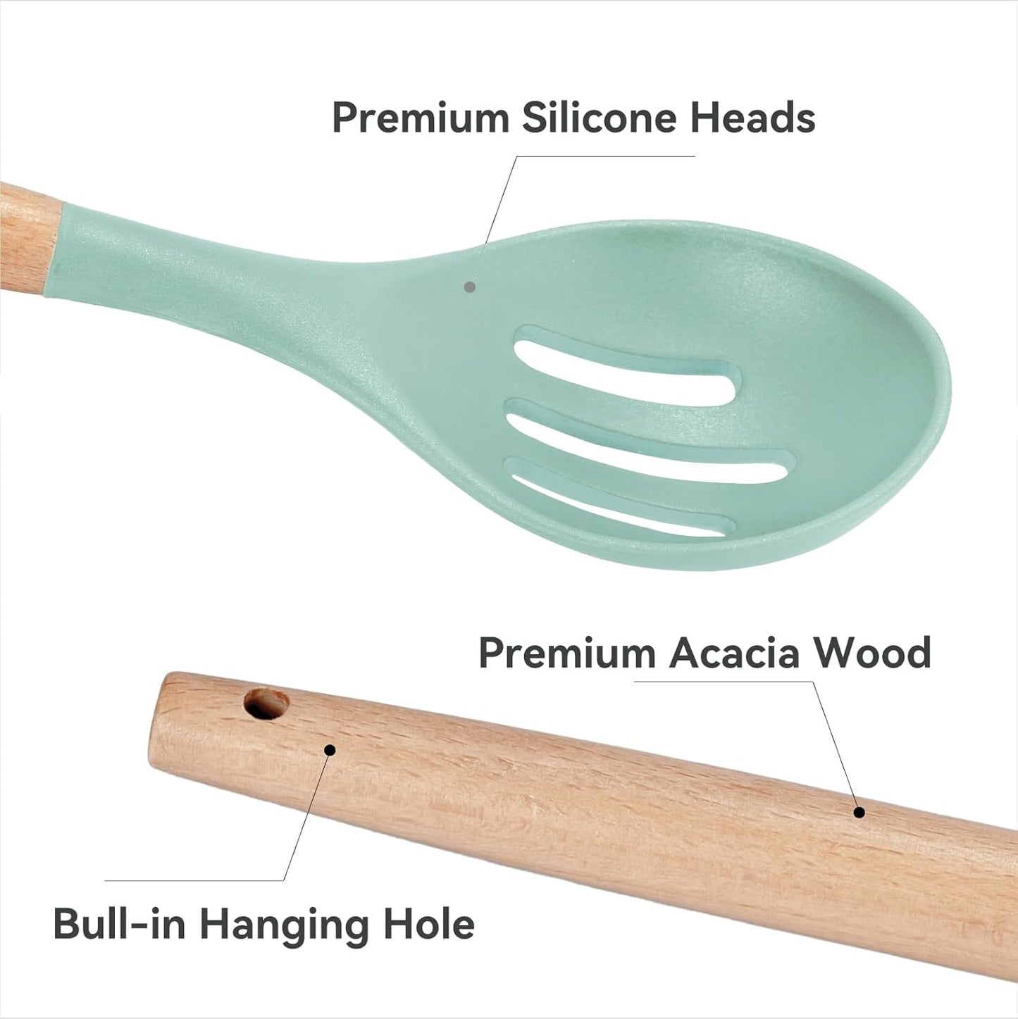 Kitchen Utensils Set, 5 Pcs Non-Stick Silicone Cooking Utensils with Wooden Handle, Heat Resistant Gadgets (Light Green)