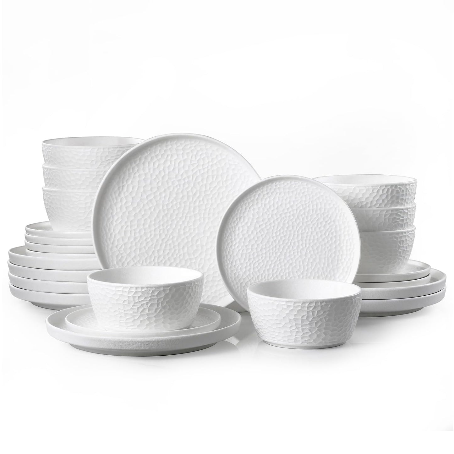 KINGSTONE Ceramic Dinnerware Set, 24-Piece Porcelain Plates and Bowls Set for 8, Matte Black or White, Hammered Texture, Microwave, Dishwasher & Oven Safe, Perfect for Home, Weddings & Gifts