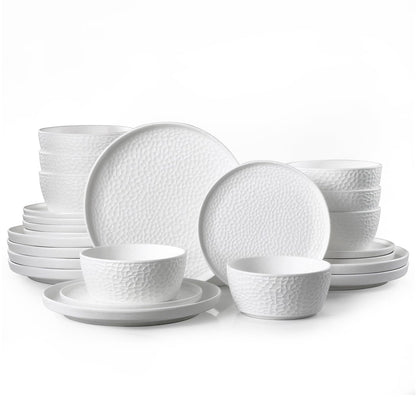 KINGSTONE Ceramic Dinnerware Set, 24-Piece Porcelain Plates and Bowls Set for 8, Matte Black or White, Hammered Texture, Microwave, Dishwasher & Oven Safe, Perfect for Home, Weddings & Gifts
