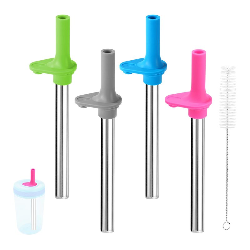 4pcs Straw Replacement for Zak, Stainless Steel Straws with Silicone Bite Valve with Cleaning Brush Cup Replacement Parts for kids Sippy Cups 12oz/ 15oz (4 Colors)
