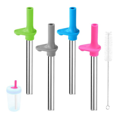 4pcs Straw Replacement for Zak, Stainless Steel Straws with Silicone Bite Valve with Cleaning Brush Cup Replacement Parts for kids Sippy Cups 12oz/ 15oz (4 Colors)