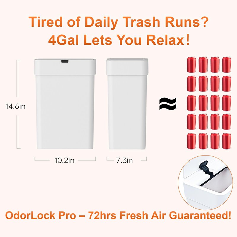 LYNLOO Gallon Motion Sensor Bathroom Trash Can with Lid, Automatic Garbage Bin for Bathroom, Slim Plastic Narrow Bedroom Trash Bin Garbage Can, 15L