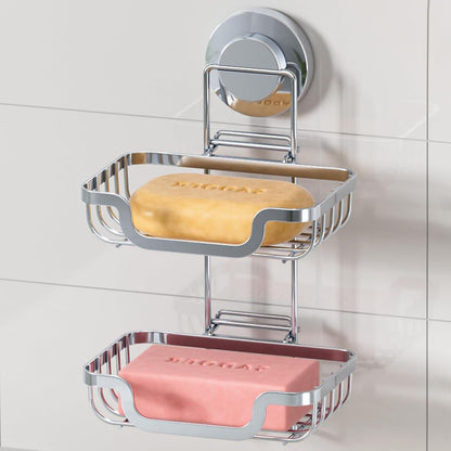 LEVERLOC Double Layer Soap Dish, Bar Soap Holder for Shower Wall, Vaccum Suction Cup Sponge Holder for Bathroom Tub
