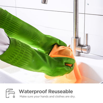IUCGE Rubber dishwashing gloves 3 Pairs for kitchen,Cleaning washing dish gloves long for household reuseable durable.(Medium,Green)