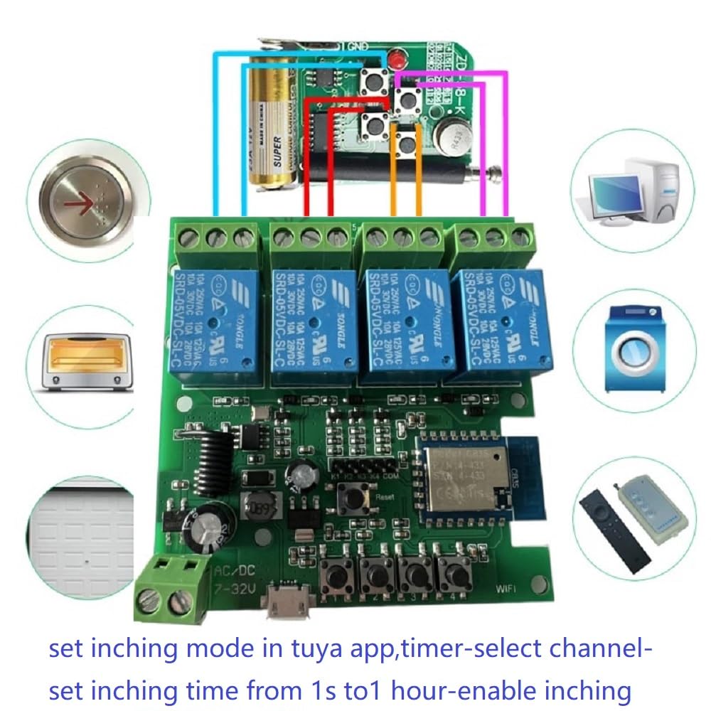 MHCOZY WiFi Wireless Smart Self-Lock Momentary Interlock Relay Switch,DIY WiFi App Bluetooth Remote Garage Door Opener Controller (4ch)