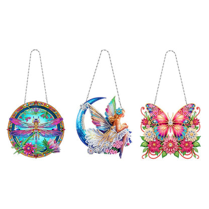 3Pcs DIY Hanging Diamond Art Pendant Kit Butterfly Dragonfly Fairy, Special Crystal Acrylic Diamonds Painting Ornament Kit for Adults, 5D Diamond Art Suncatchers Gem Painting Box Kit (Pink)
