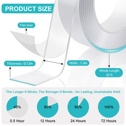 P7yaumy Double Sided Tape Heavy Duty 1.2in×20ft, Nano Tape Double Sided, Removable Traceless Two Sided Adhesive Tape, Clear Mounting Tape Double Sided Tape for Walls, Hanging Picture,Poster,Carpet