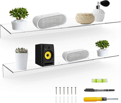 24 Inches 2 Pack (24 Inch) Sezanrpt Clear Floating Shelves for Wall, Acrylic Long Wall Shelf, Wall Mounted Shelves