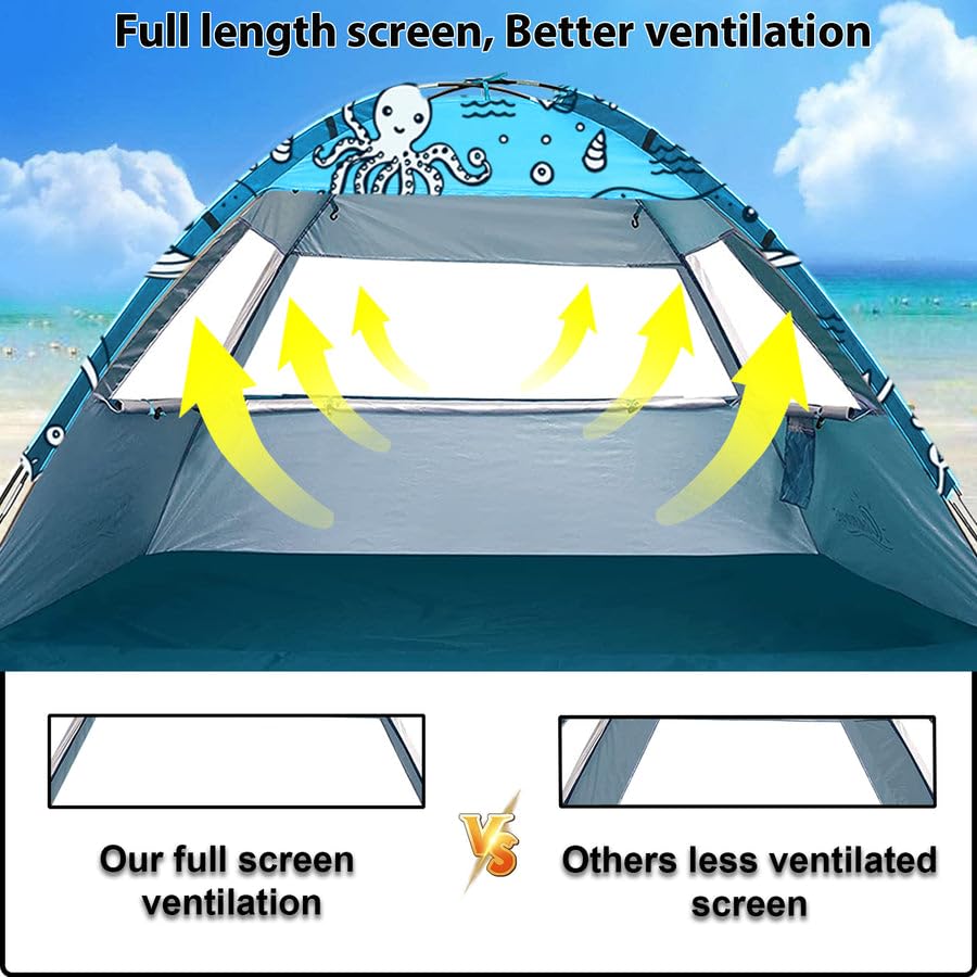 Ocean World 3-4 Person Family and Baby Beach Tent – Cool Beach Essentials for Shade, UPF 50+ UV Protection and PU800 Waterproof, Portable Pop Up Sun Shade Cabana Shelter for Kids and Toddlers,