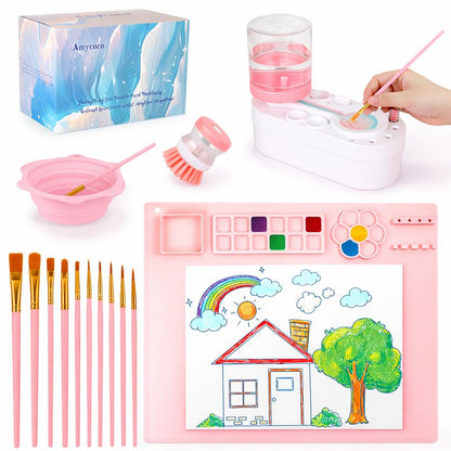 Painting Station, Silicone Painting Mat 20"X16" and Paint Brush Cleaner (Pre-Assembled), 10 Paint Brushes and Foldable Silicone Paint Brush Cleaner Bowl, for Artist Kids Adults Birthday Gifts (Pink)