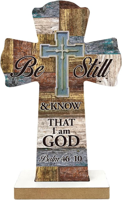 Qswo Wood Cross for Wall,Be Still and Know That I AM God Wooden Cross for Christian Home Room Shelf Wall Decor