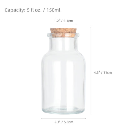 Magic Season Decorative Glass Bottles with Cork Stoppers (5 fl oz. Wide Mouth Round Bottles/Set of 6)