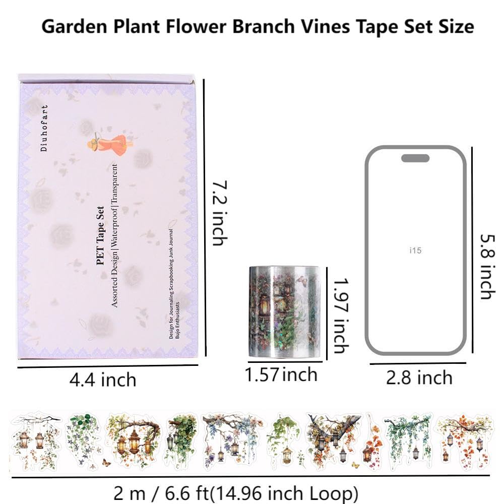 Diuhofart Holographic Garden Plant PET Tape Stickers for Journaling and Scrapbooking, 6 Rolls Precut Flower Branch Vines Decorative Tapes for Junk Journal Supplies, Bujo, Planners, DIY Crafts
