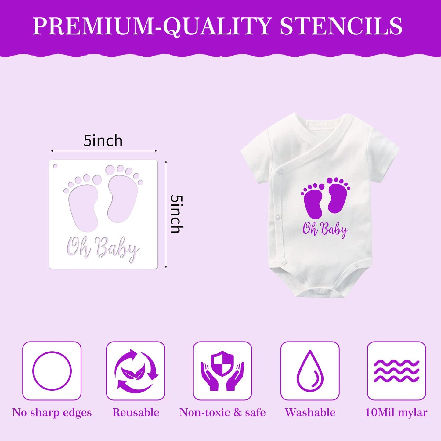 30 Pieces Baby Shower Stencils, 5 Inch Cute Onesie Stencil Reusable Mixed Phrase for Painting, Small Animals Template for Bodysuit Shirts Shoes Bibs Clothes