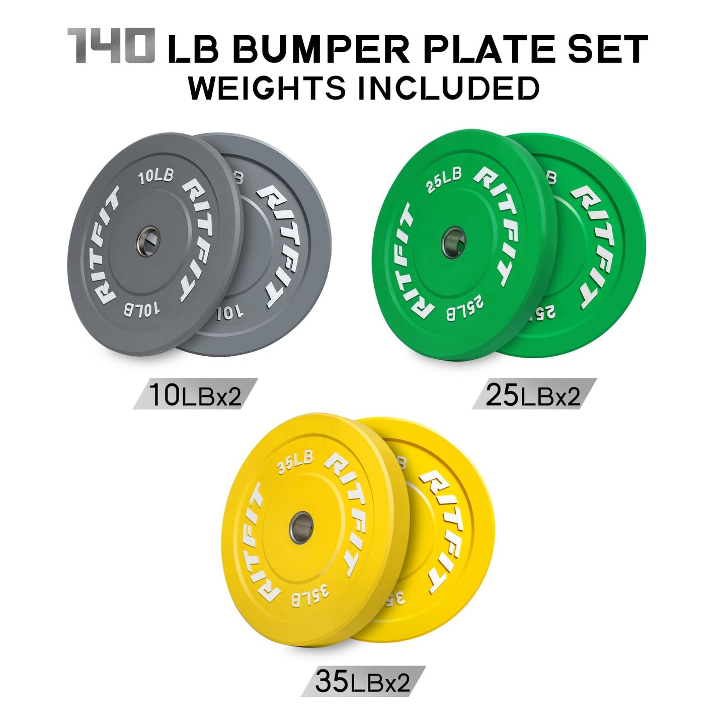 RitFit Color Coded Bumper Plate, Olympic Bumper Plate for Barbell, 2-Inch Bumper Weight Plates With Steel Insert, rubber weight plates for Strength Training in Home Gym, 140LB Set