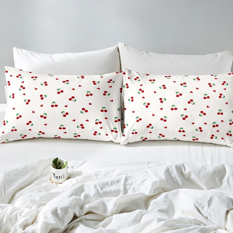 Feelyou Kids Red Cherry Fitted Sheet Queen Size, Cherry Pattern Bed Sheet Set Boys Girls Cute Fruit Bedding Set Kawaii Cartoon Fruit Teens Bed Cover Room Decor Lightweight Bed Set (No Flat Sheet)