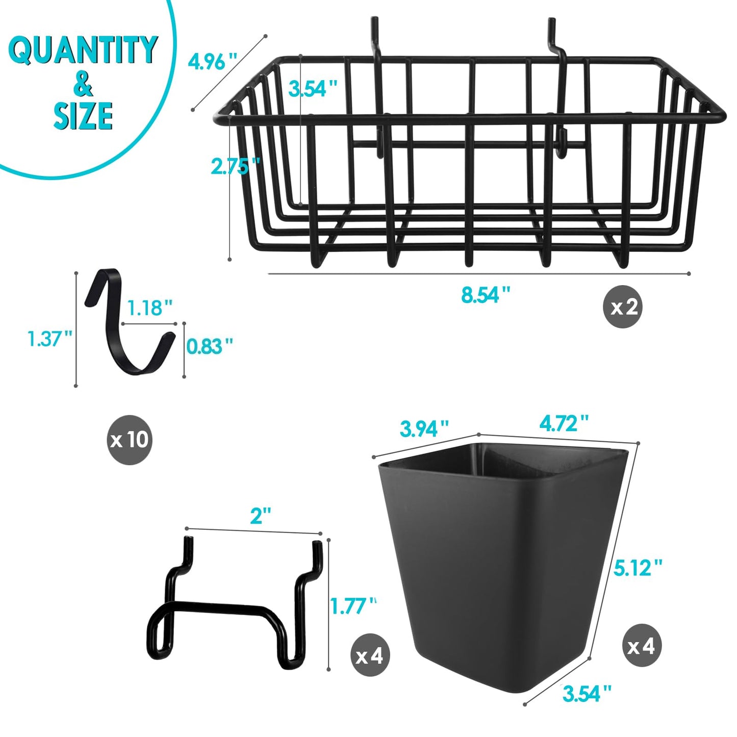 G.CORE Pegboard Bins Baskets Organizer with Peg Board Hooks Cups - 16 Pack Peg Accessories Fit 1/8" & 1/4" Pegs - Black Holders & Hangers for Garage Craftroom Tool Hanging Display Storage Organization