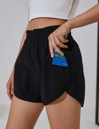 BMJL Women's Running Shorts Elastic High Waisted with Pockets, Sporty Workout Quick Dry Athletic Shorts(M,Black)