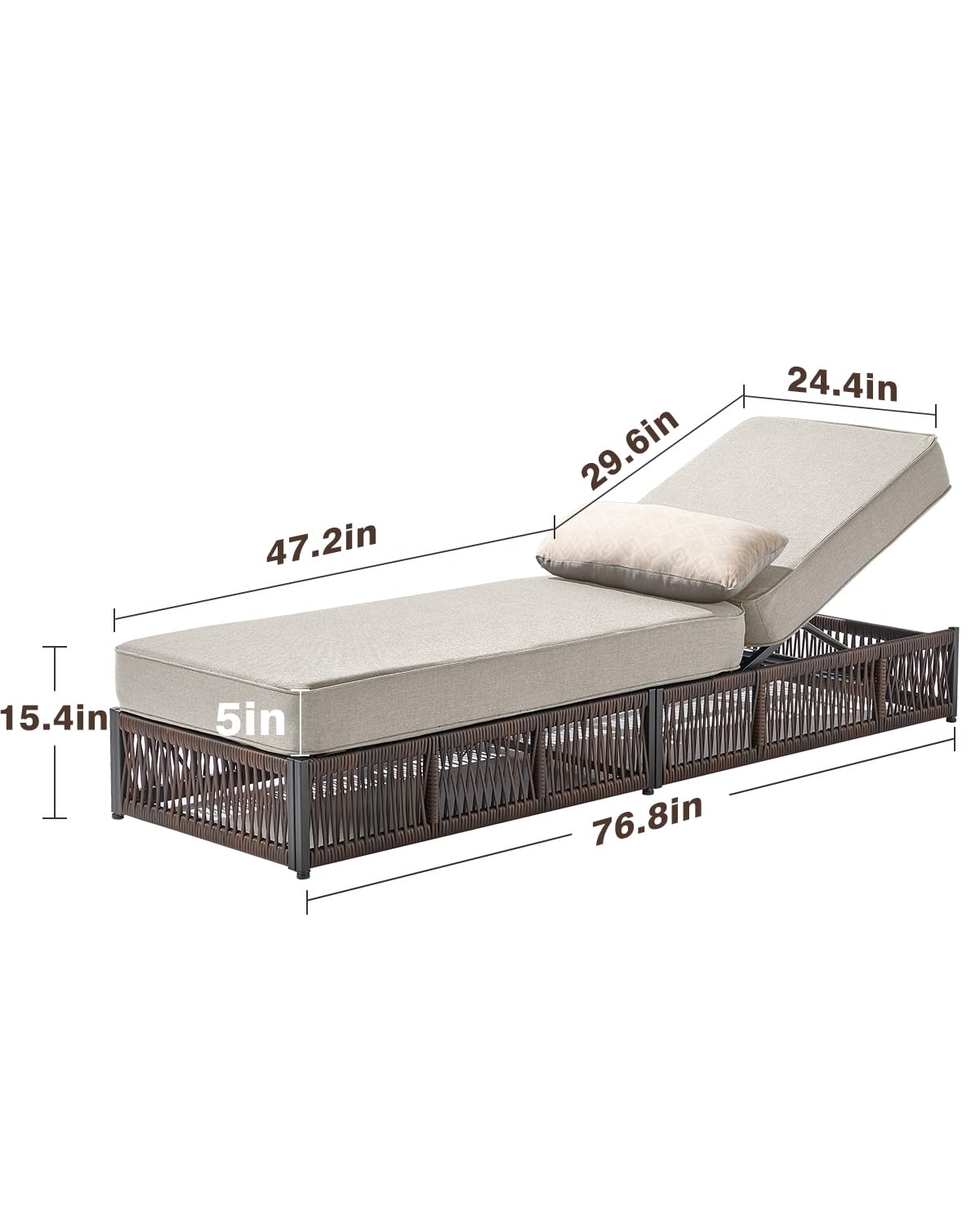 ACTREST Luxury Outdoor Chaise Lounge with 5 Inch Thickened Cushions - 1 Set High Back Brown Wicker Patio Recliners Rattan Reclining Chairs Porch Poolside Pool Sunbathing Lounger - Beige