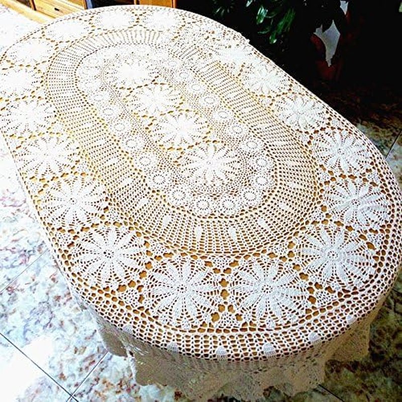 USTIDE Vintage Oval Crochet Tablecloth 59"x102"White Cotton Lace Table Cover Rustic Oval Table Overaly for Wedding/Party