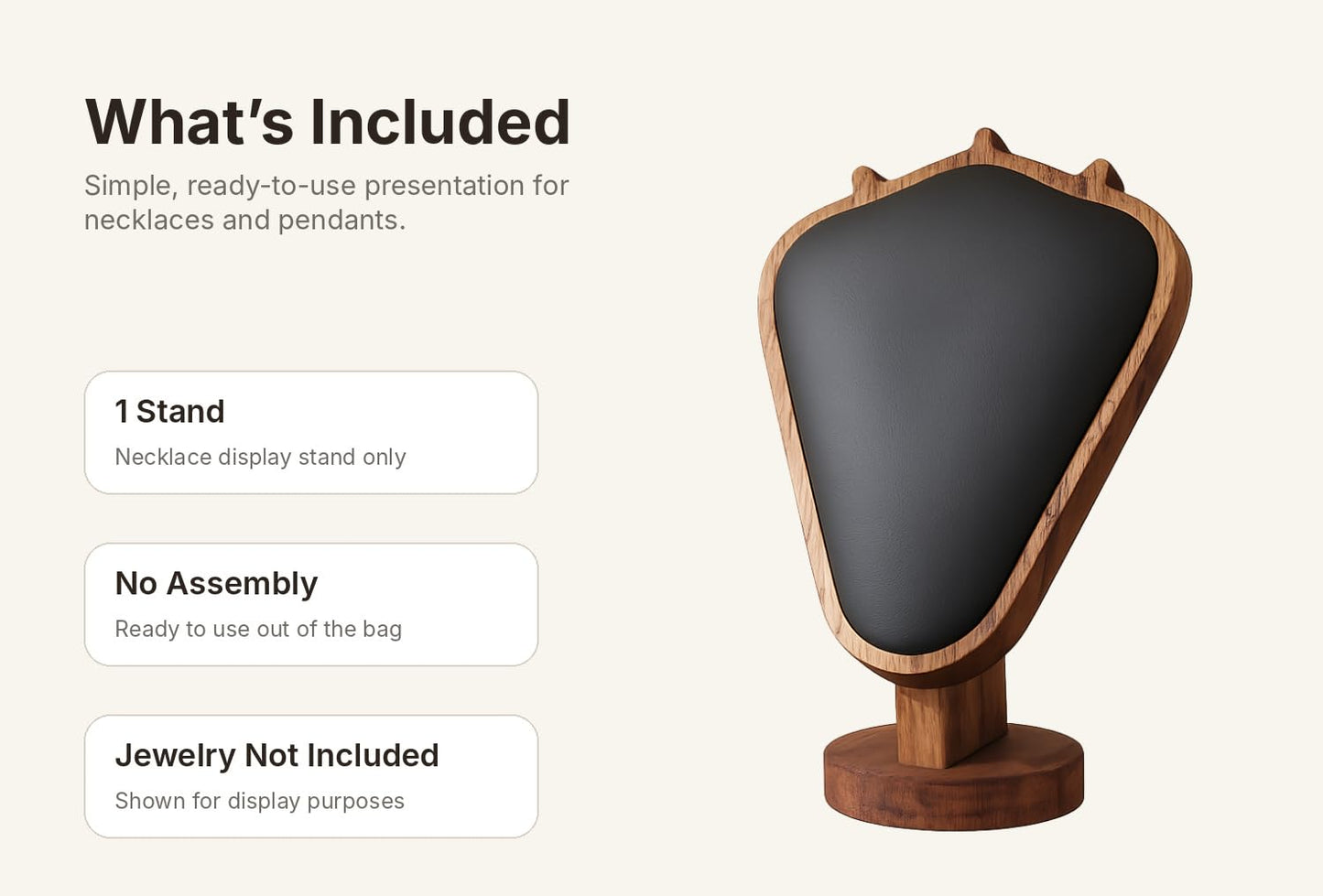 kaysqdxssy Necklace Display Stand, Walnut Wood Jewelry Holder with Soft Padded Leather Panel, Tabletop Necklace Organizer for Dresser, Vanity, Boutique Display (Black)