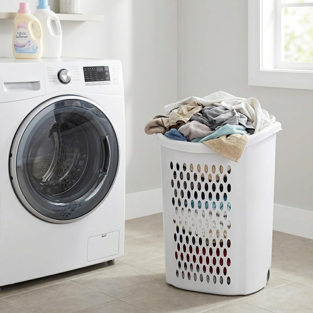 Generic White Wheeled Plastic Laundry Hamper Adult-Sized Rolling Basket With Handles For Home & Dorms