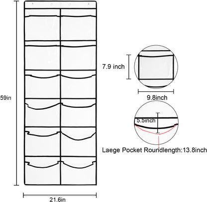 1 Pack 12Pockets Closet 4Hooks, (59'' 21.6'') Clear Crystal Large Hanging Shoe Organizer Over The Door Shoe Rack