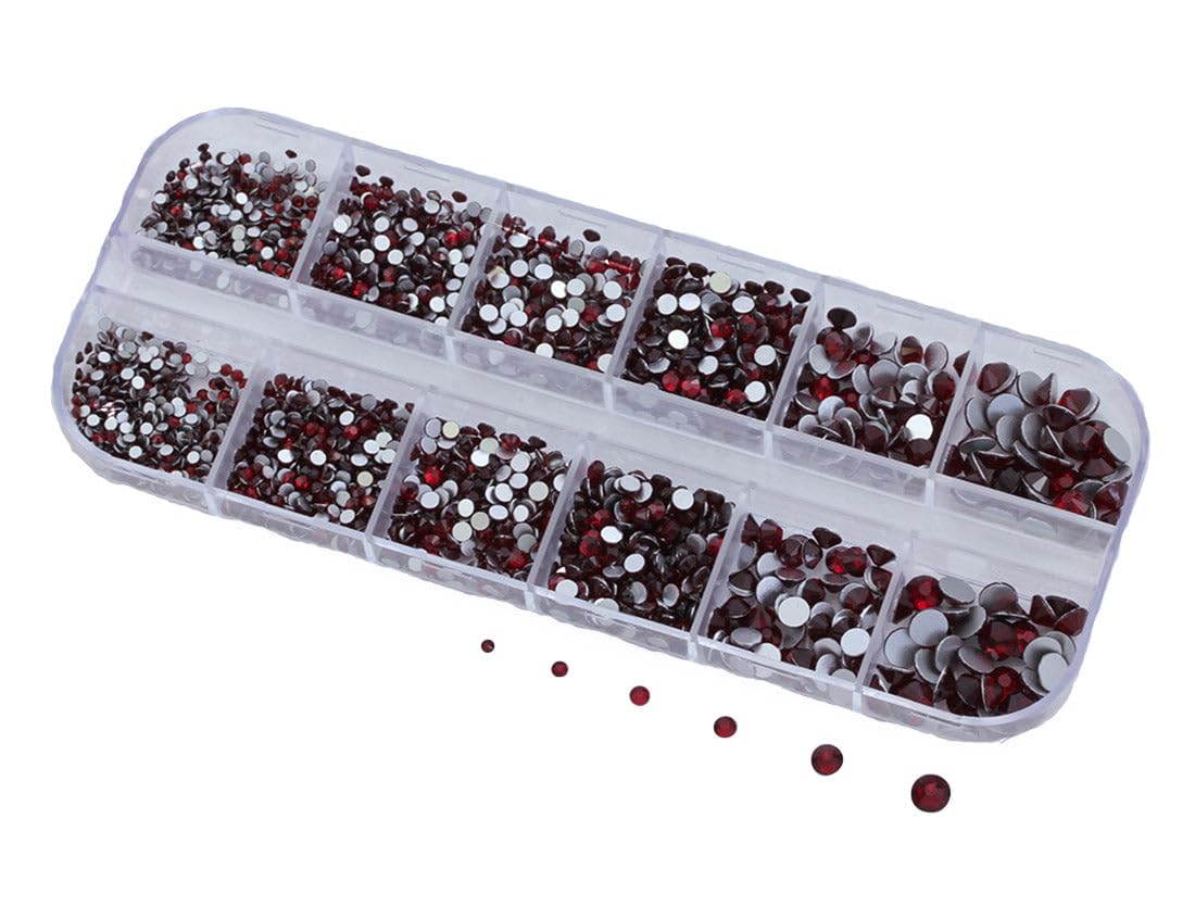 Over 2100 Pieces Red Ruby Garnet Flat Back Glass Rhinestones Crystals for Nail Art Kit 6 Sizes (1.4mm - 4.8mm)