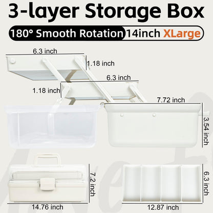 TERGOO 14in 3-Layer Multipurpose Craft Organizers and Storage with Adjustable Dividers, Portable Tackle Box, Folding Art & Craft Case for Medicine, Tool, Sewing Organizer (White, X-Large)