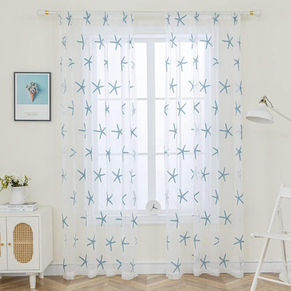 Embroidered Teal Starfish Sheer Curtains, 84 Inch Long Rod Pocket Drapes for Living Room, 52 x 84 Inch 1 Panel
