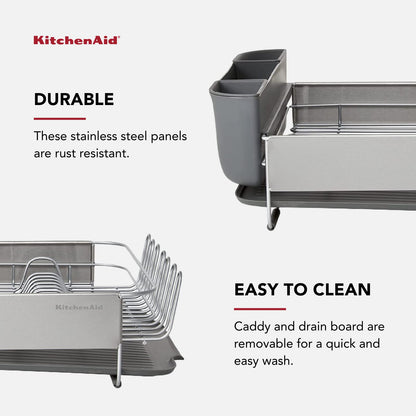 KitchenAid Large Capacity, Fully Size Self Draining Rust Resistatant Satin Coated Dish Rack with Removable Flatware Caddy 20.47-Inch, Gray
