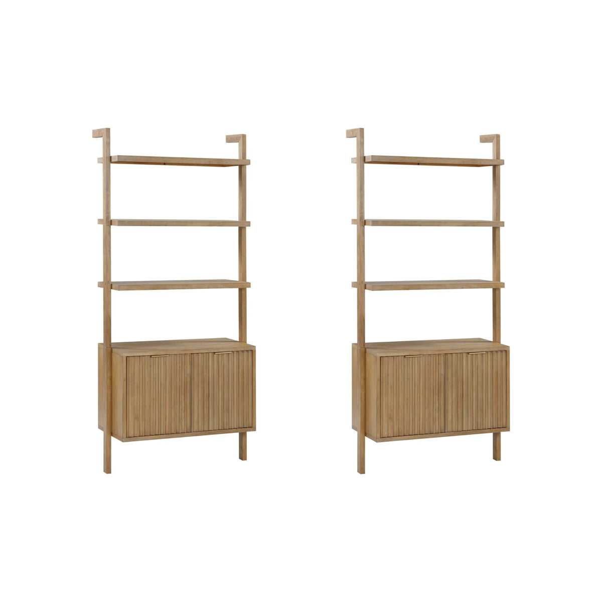 Nathan James Jasper 3-Shelf Solid Wood Boho Bookshelf, Wall Mounted Bookshelf with Cabinet with Fluted Doors, Light Brown, Set of 2