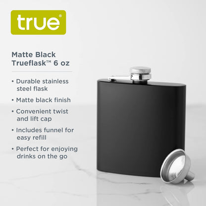 True Stainless Steel Metal Flask for Men, 6 oz Drinking Flasks for Whiskey, Tequila, Rum, Matte Black