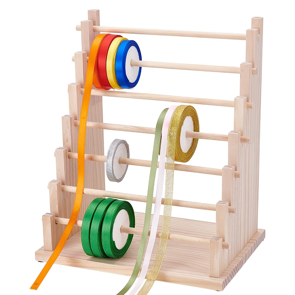 UNICRAFTALE 7-Tier Wooden Ribbons Organizer Rack Burlywood Ribbon Holder Storage Organizer Wooden Ribbons Sewing Organizer Display Shelf for Sewing Craft Gift Florist Wrapping