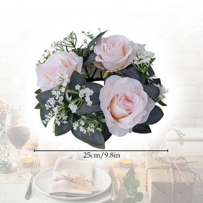 2 Pack Artificial Rose Candle Rings, Christmas Floral Wreaths with Eucalyptus Leaves Greenery Garland for Pillar Candle Lantern Wedding Centerpiece Party Home Fall Table Decor (Pink)